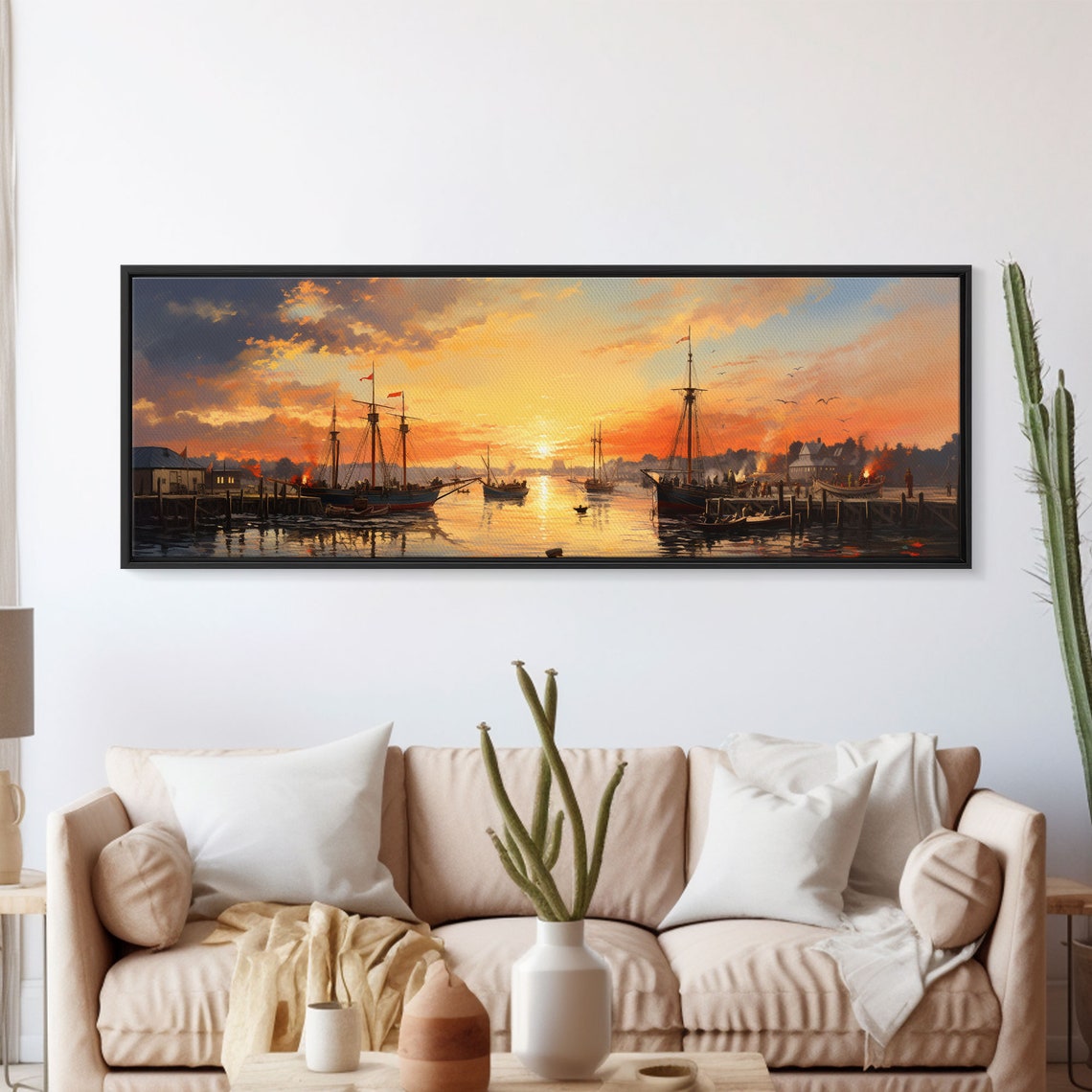 Sunrise Harbor Old Sailing Ships Golden Sky Nautical Waterfront Poster