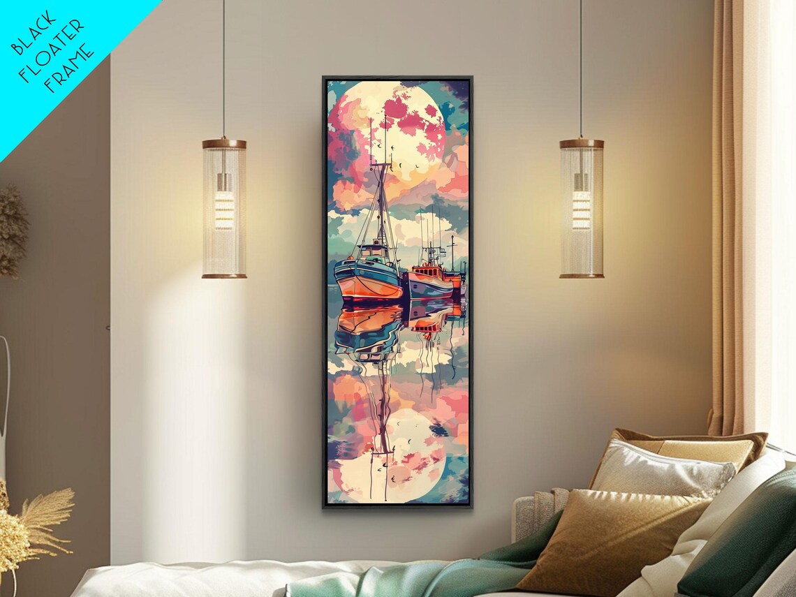 Vibrant Colorful Fishing Boats Full Moon Night Harbor Art Poster - Image 3