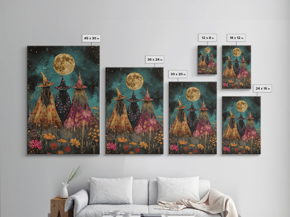 Witches Under Full Moon Floral Dresses Wildflowers Night Art Poster - Image 2