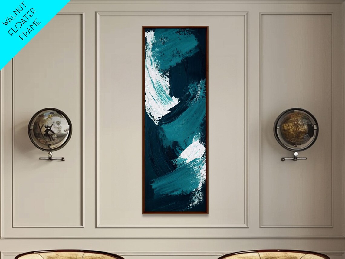Teal Ocean Waves Tall Vertical White Brushstroke Abstract Coastal Poster - Image 3