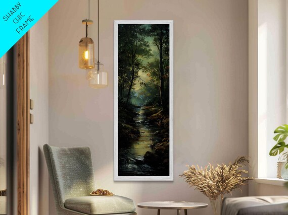 Peaceful Forest Stream In The Early Morning Light Skinny And Tall Art Framed Print Cozy Wall Art Decor