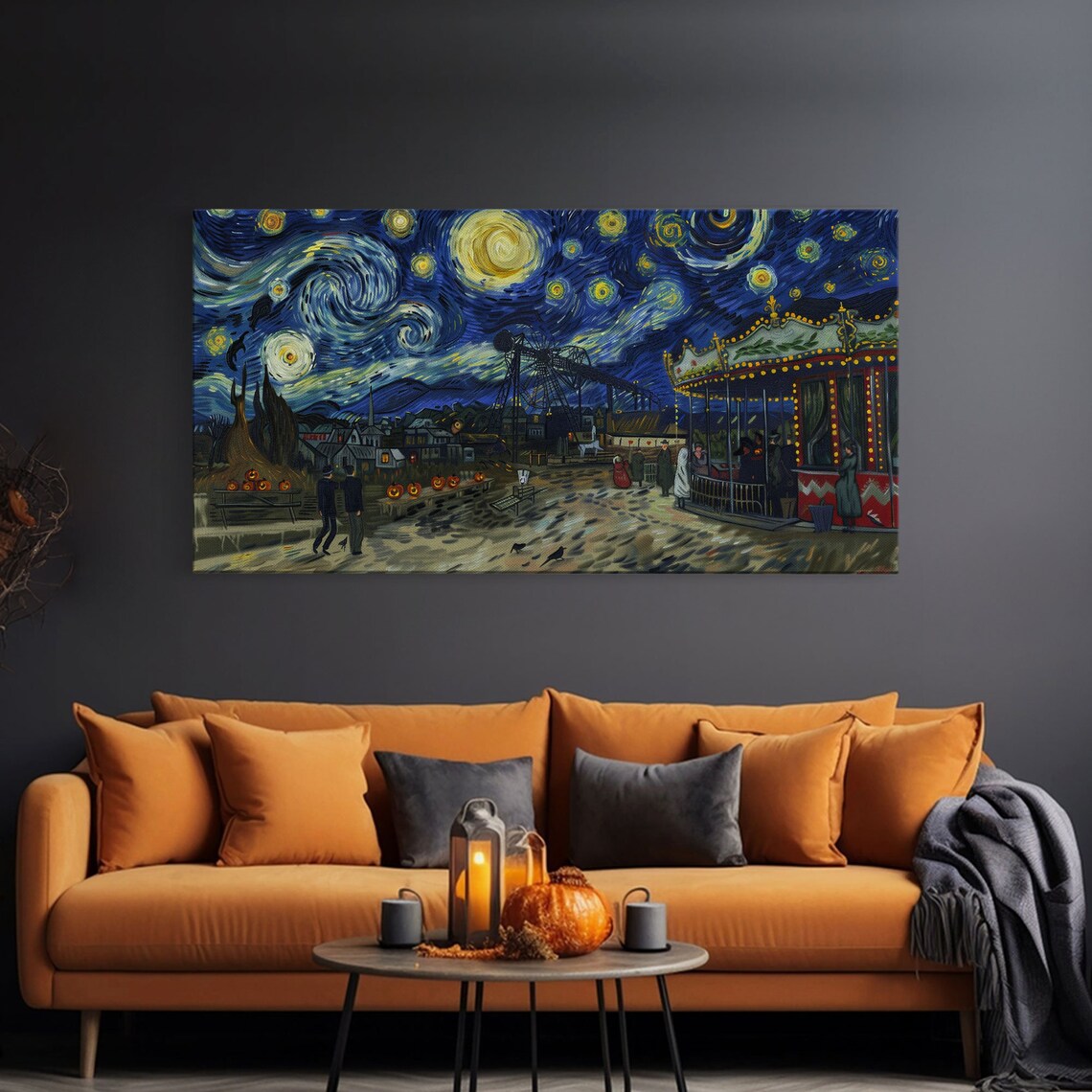 Starry Night Haunted Carnival Carousel Ferris Wheel Pumpkins Halloween Poster - Image 3