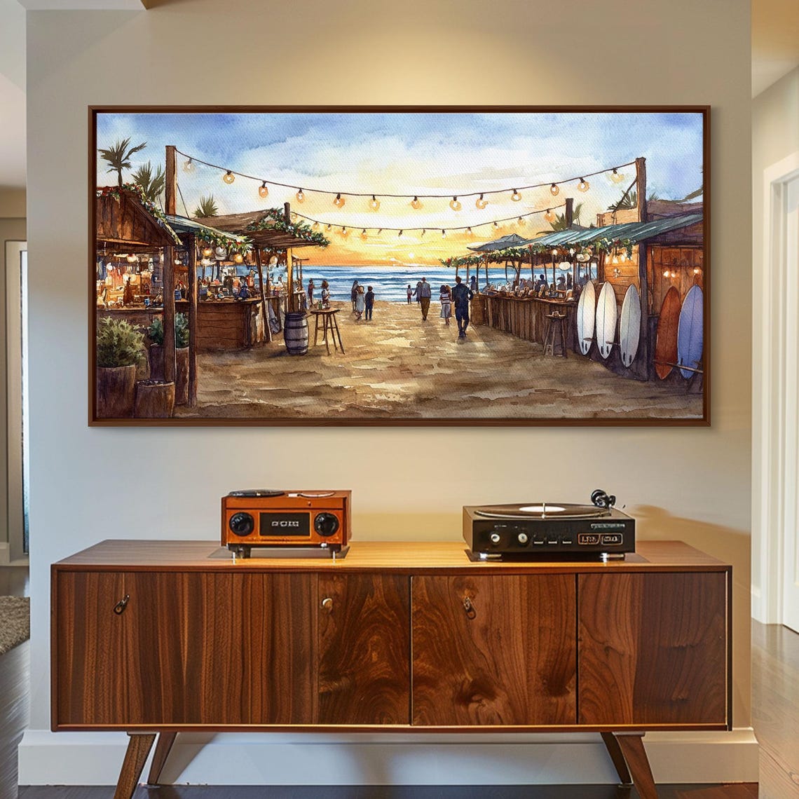 Beachside Christmas Market Sunset Boardwalk Stalls Surfboards Wall Art - Image 3
