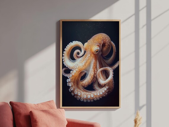 Underwater Octopus Print Ocean Nature Painting Art Coastal Nautical Decor Rustic Seascape Living Room Wall Artwork