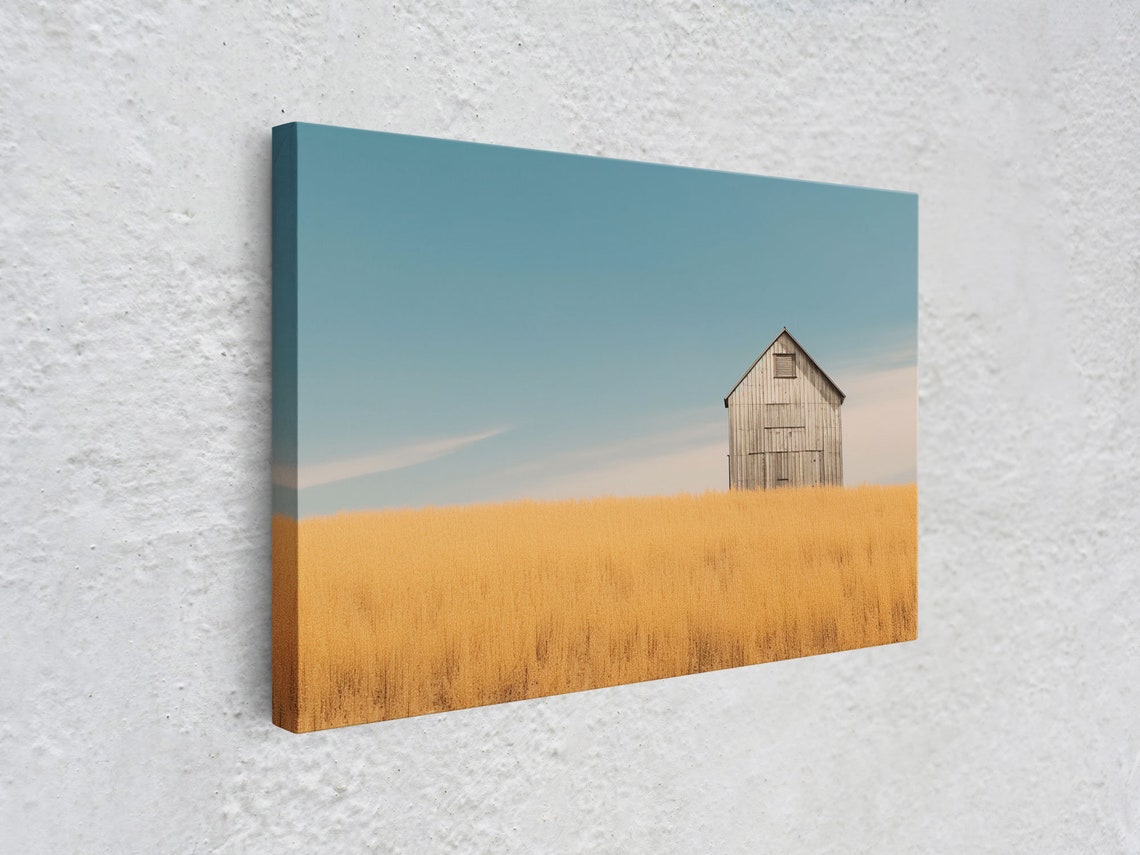 Lone White Barn Golden Wheat Field Minimalist Rural Country Poster - Image 3