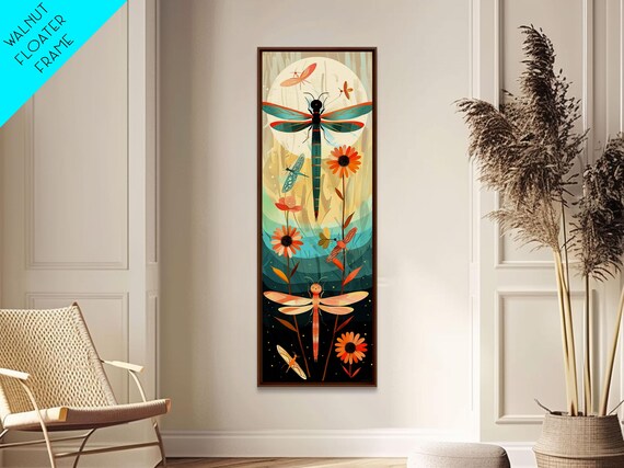 Dragonfly Gathering Night Glow Vibrant Colors Skinny Tall Art Framed Print Japanese Style Art Ukiyo E Art Wood Block Print Insect Art