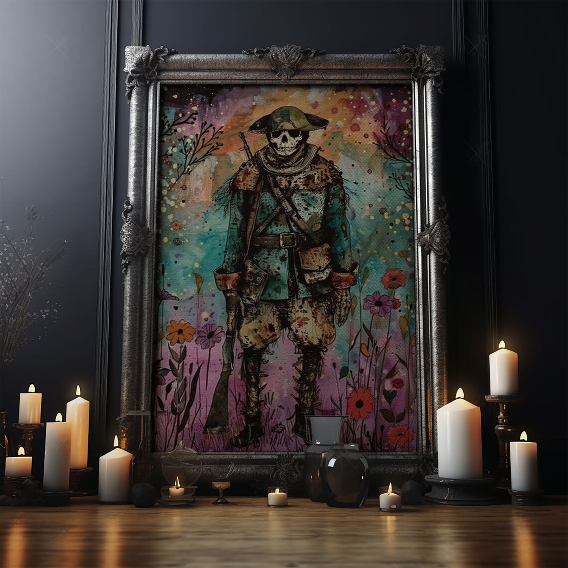 Skeleton Soldier Colorful Flower Field Spooky Halloween Art Poster - Image 4