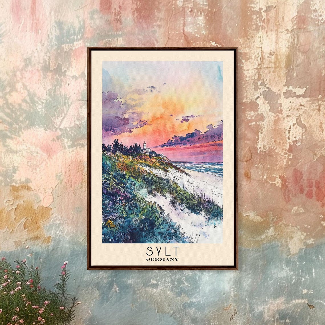 Sylt Germany Sunset Dune Coast Lighthouse Colorful Watercolor Poster - Image 3