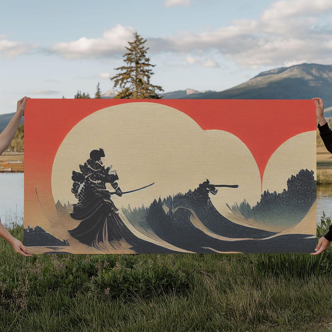 Samurai Facing Giant Wave Under Blood Red Sun Japanese Art Poster