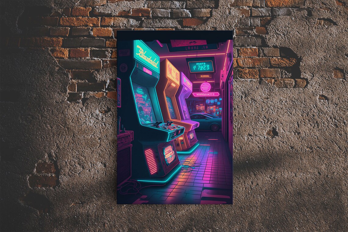 Neon Arcade Synthwave Game Room Art Print - Image 6