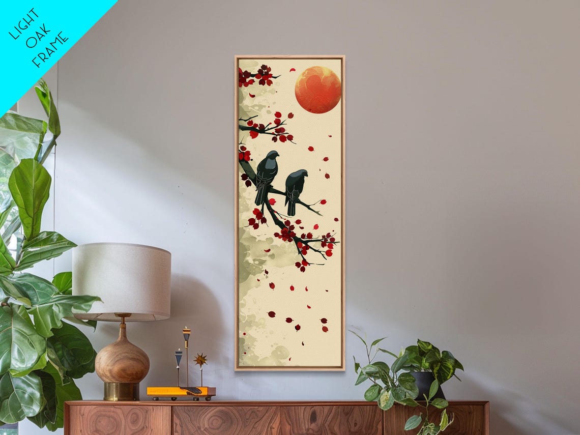Two Blackbirds Red Berries Branch Big Red Sun Japanese Poster