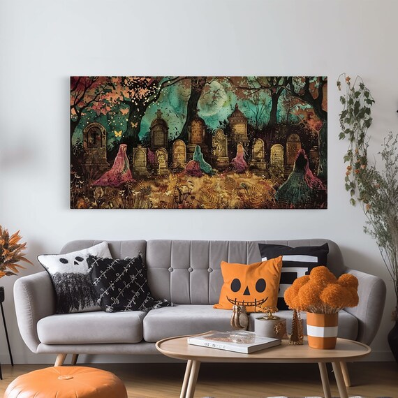Spooktober Colorful Ghosts Haunted Graveyard Autumn Cottagecore Wall Art