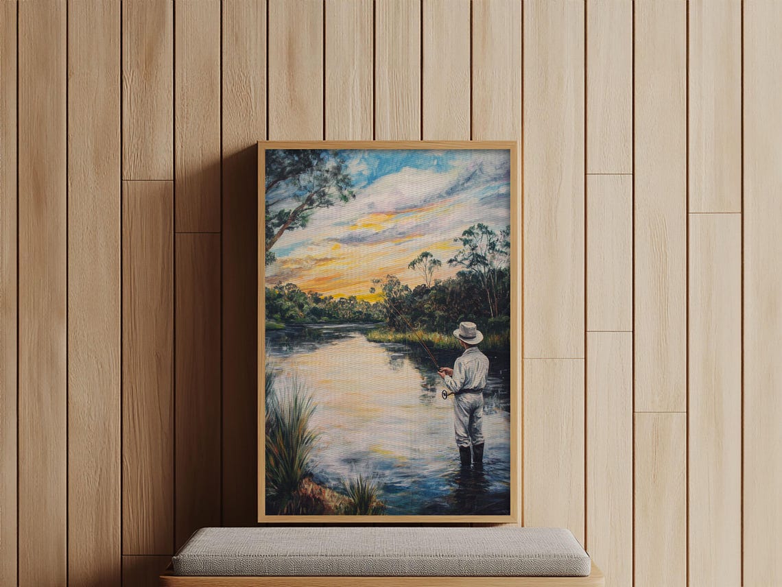 Fly Fisherman Sunset River Casting Line Outdoor Sportsman Oil Wall Art - Image 5