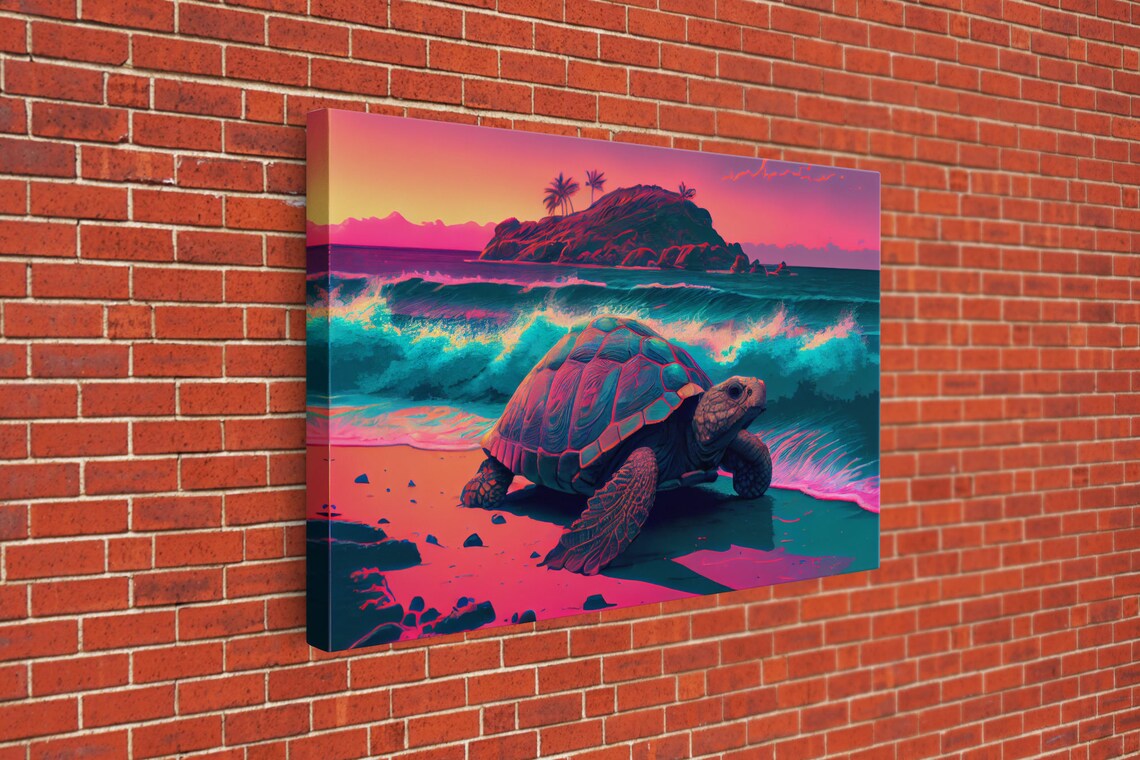 Sea Turtle Fighting the Waves, Synthwave Vaporwave - Image 3