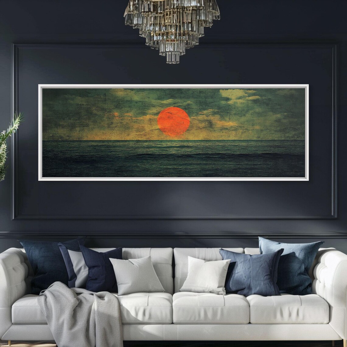 Ocean On Fire Panoramic Sunset Red Sun Deep Green Sea Moody Boho Poster