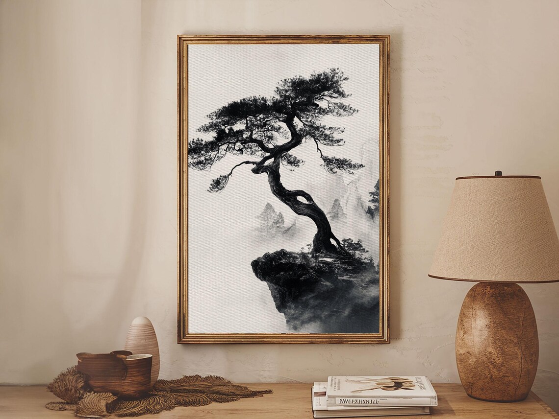 Bonsai Tree on a Cliff, Wabi-Sabi Japanese Art Print - Image 3