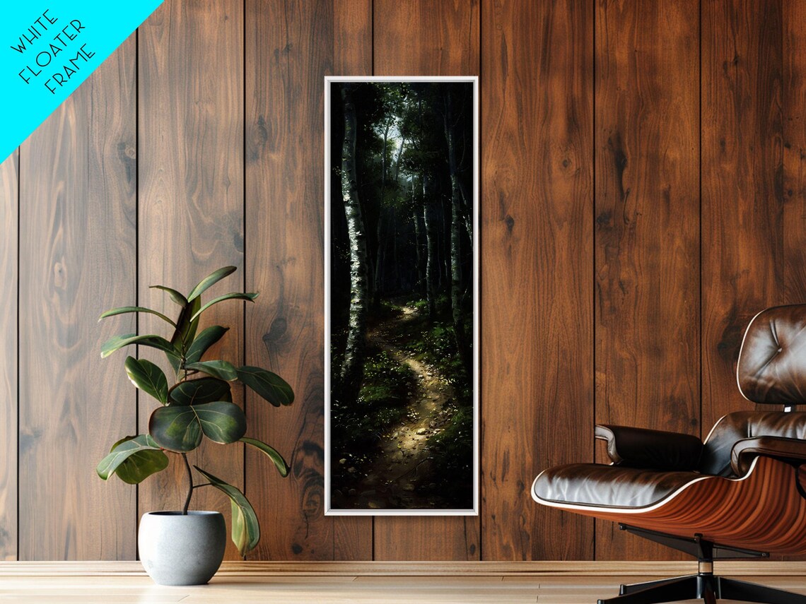Mysterious Birch Forest Path Tall Skinny Art Framed Print For Serene And Calming Wall Decor In Homes Or Offices - Image 3