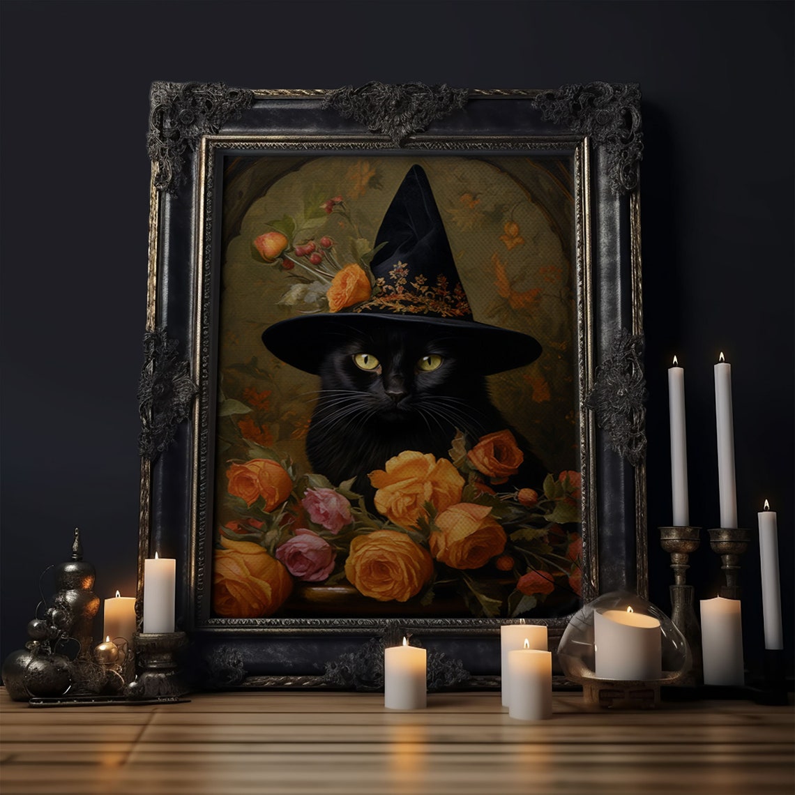 Black Cat In Rose Covered Witch Hat Among Orange Roses Poster - Image 6