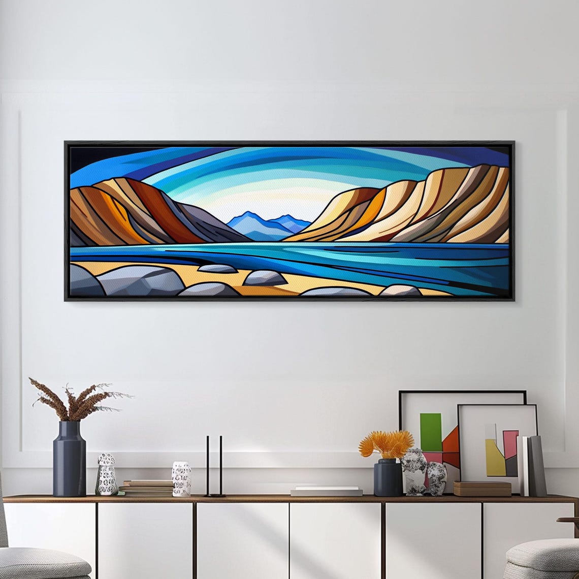 Retro Art Deco Coastal Cliffs Stained Glass Style Scenic Poster - Image 4
