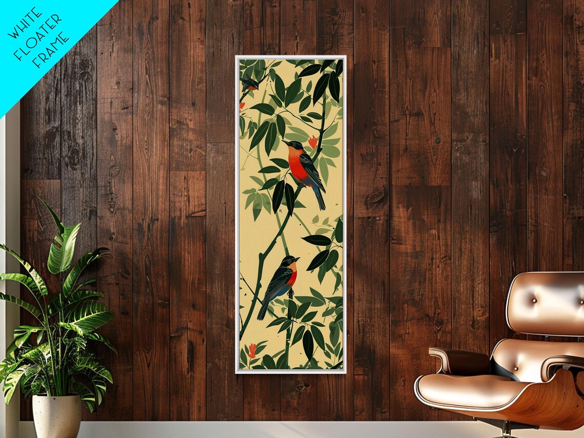 Pair Of Colorful Birds Dense Green Foliage Red Flower Art Print - Image 4