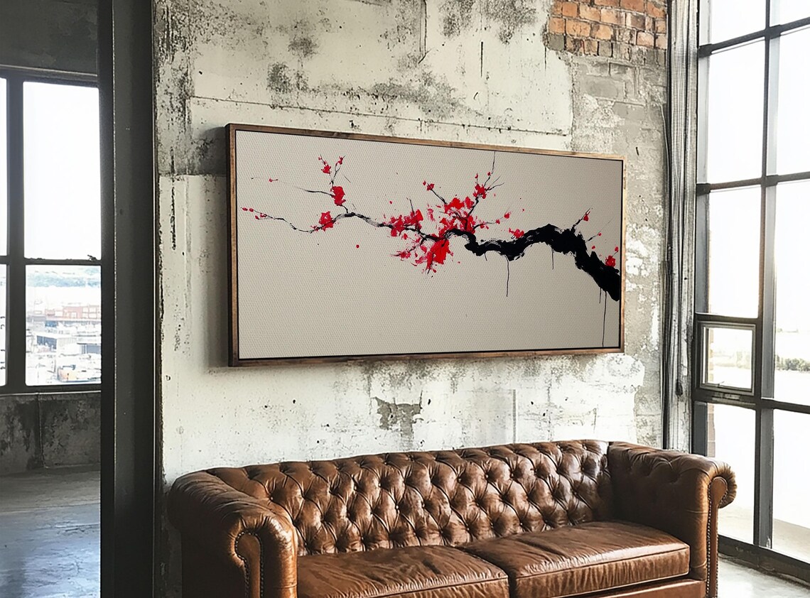 Cherry Blossom Branch Ink Painting Red Blooms Japanese Sumi Art Print - Image 5