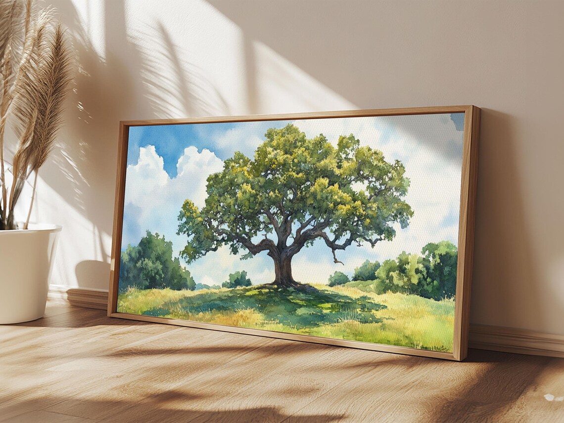 Sprawling Oak Tree Print Rustic Wall Art Panoramic Painting Nature Scene Bedroom Decor Horizontal Artwork Farmhouse Wall Art - Image 6