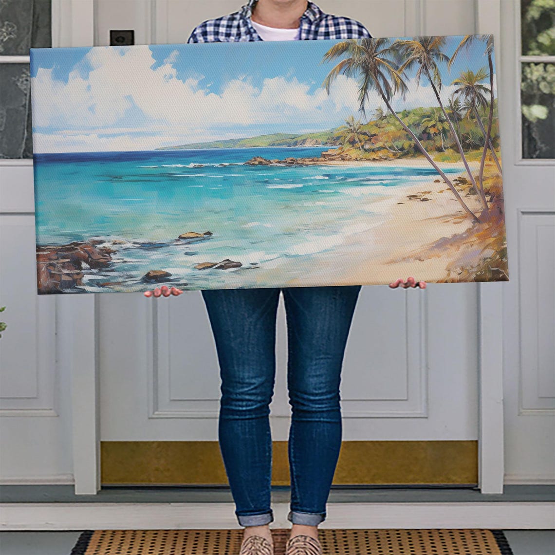 Tropical Palm Tree Beach Turquoise Ocean Sandy Cove Painting Poster - Image 4