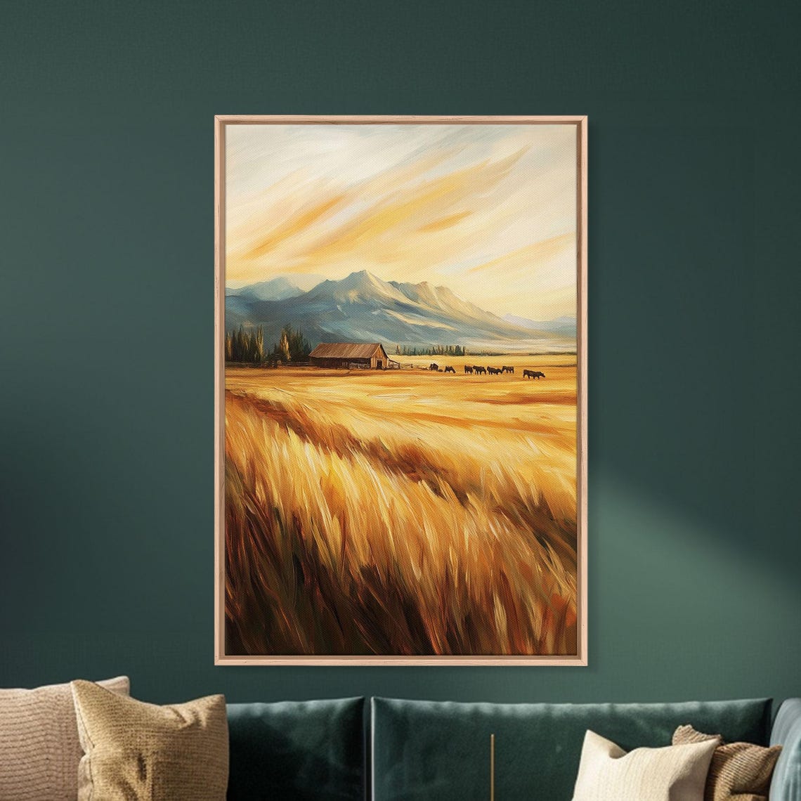 Golden Wheat Field Farm With Barn Cattle Mountain View Poster - Image 4