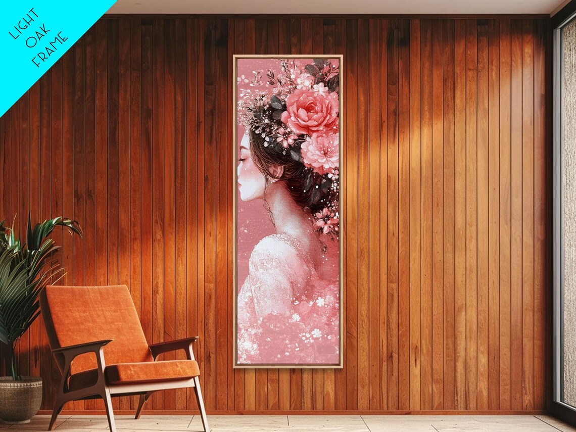 Floral Woman Portrait Pink Roses Watercolor Painting Vertical Wall Art - Image 2