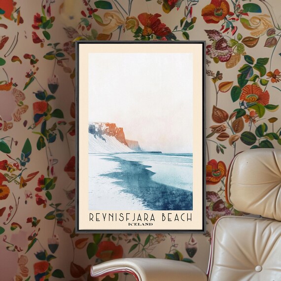 Reynisfjara Beach Iceland Misty Shoreline Monochrome Watercolor Poster