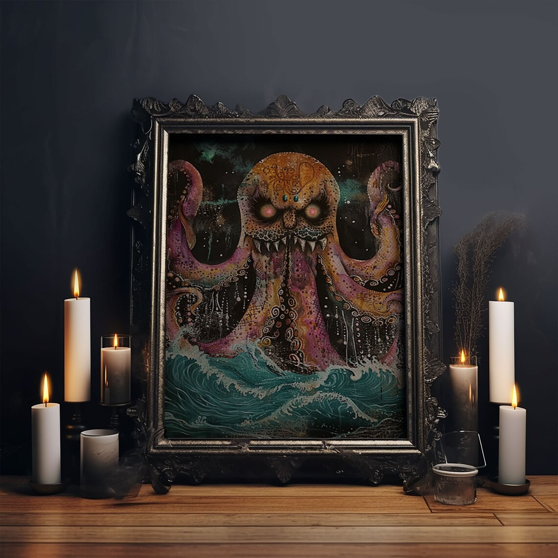 Giant Octopus Sea Monster Glowing Eyes Teal Waves Art Poster - Image 5