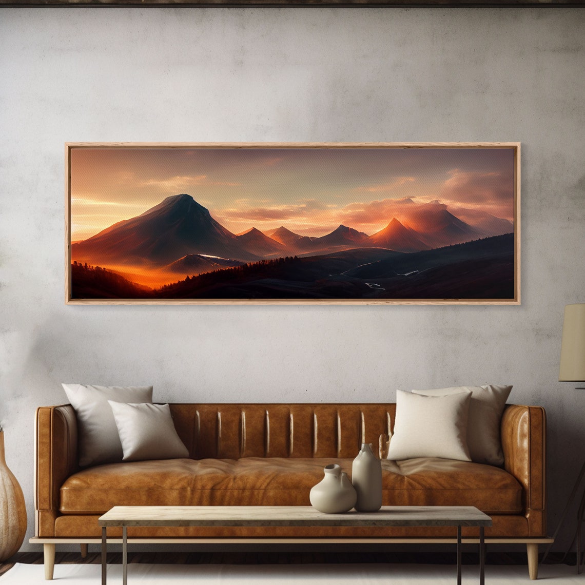 Sunset Over The Mountains Ready To Hang Print Panoramic Art Above Bed Art Above Couch Art Above Sofa Landscape Decor
