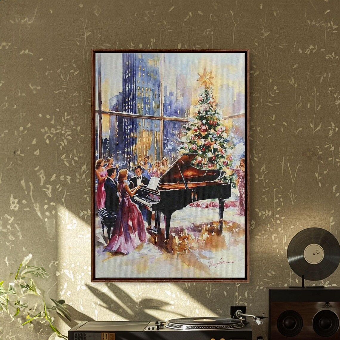 Elegant Christmas Grand Piano Party With City Skyline View Poster