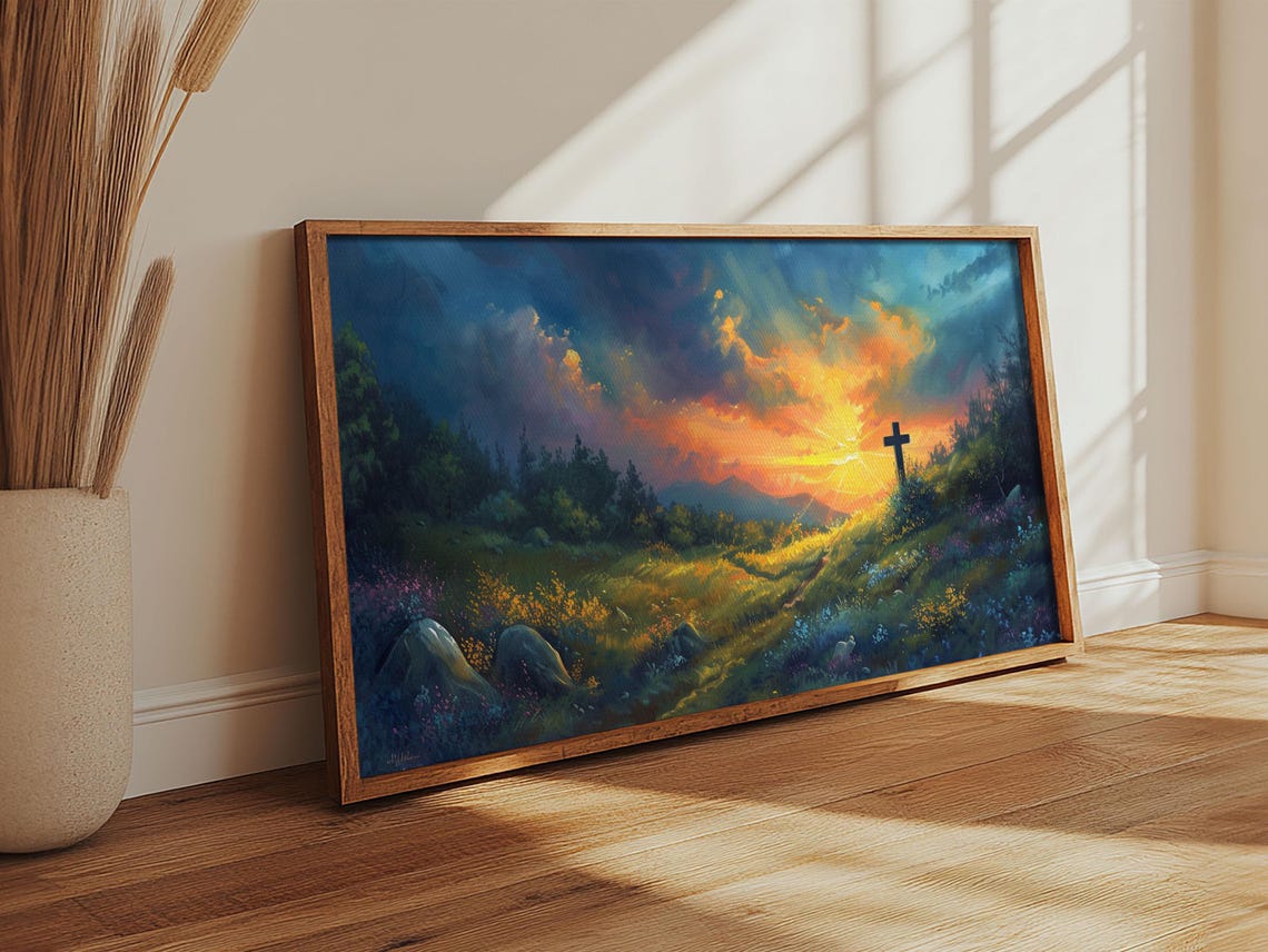 Christian Cross On Hill Sunset Meadow Oil Painting Faith Print - Image 5