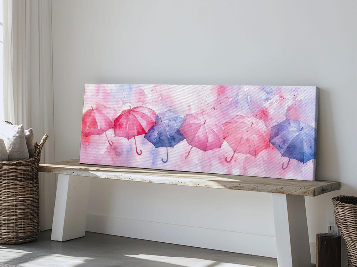 Pink Blue Watercolor Umbrellas Row Panoramic Canvas Art Poster - Image 5