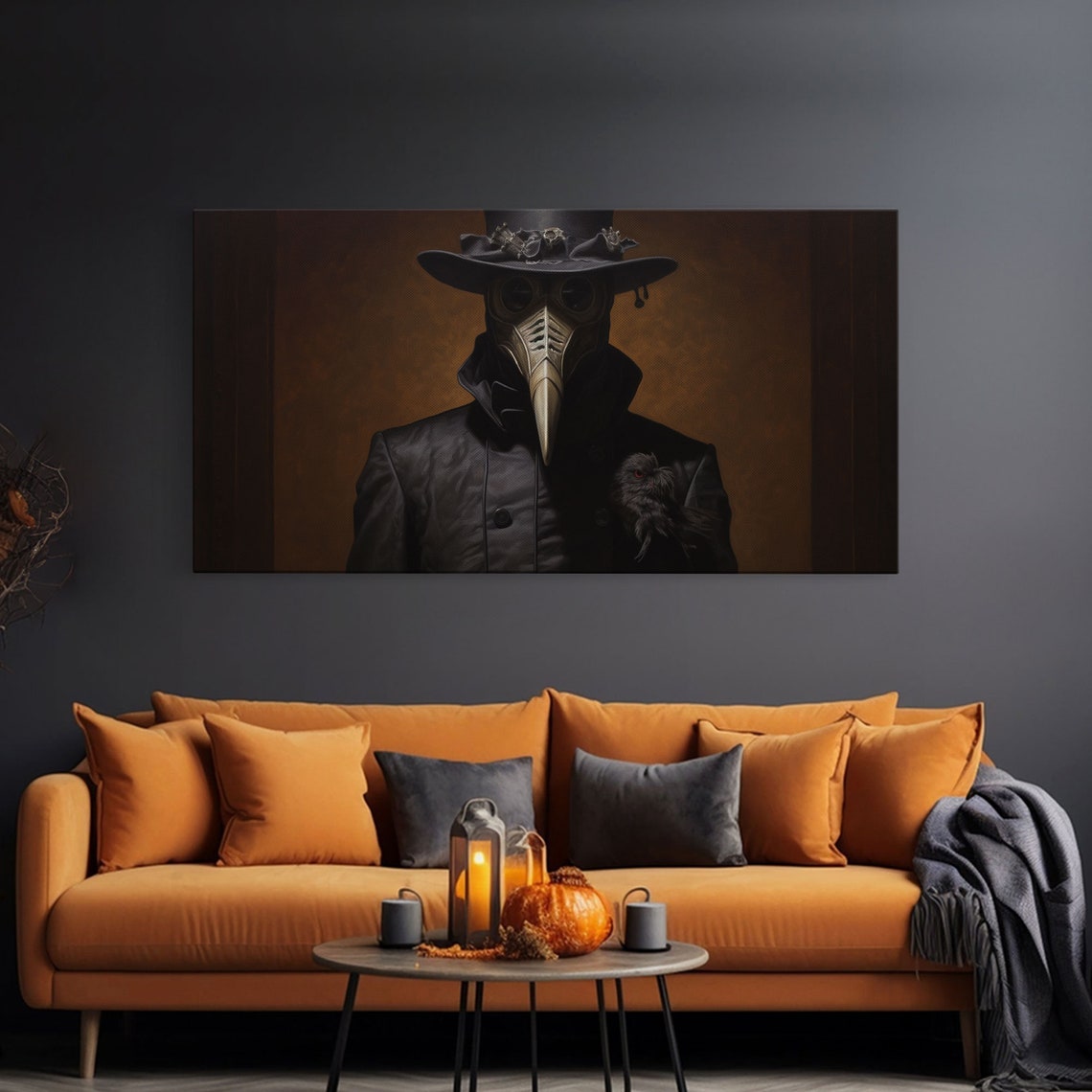 Plague Doctor With Black Crow Amber Victorian Gothic Wall Art