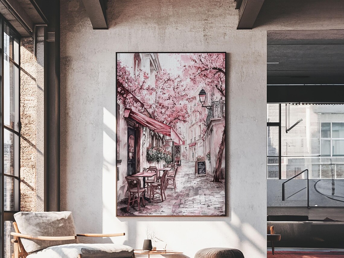 Paris Street Cafe Cherry Blossom Watercolor Print France Travel Poster - Image 4
