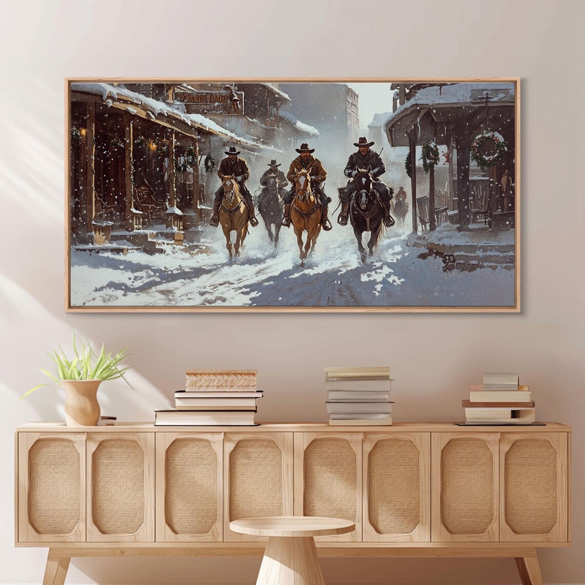 Cowboys Riding Through Snowy Christmas Western Town Art Print - Image 6