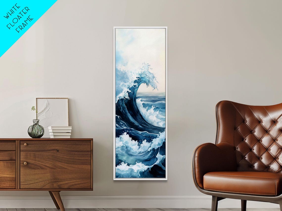 Towering Navy Ocean Wave White Foam Watercolor Coastal Wall Poster
