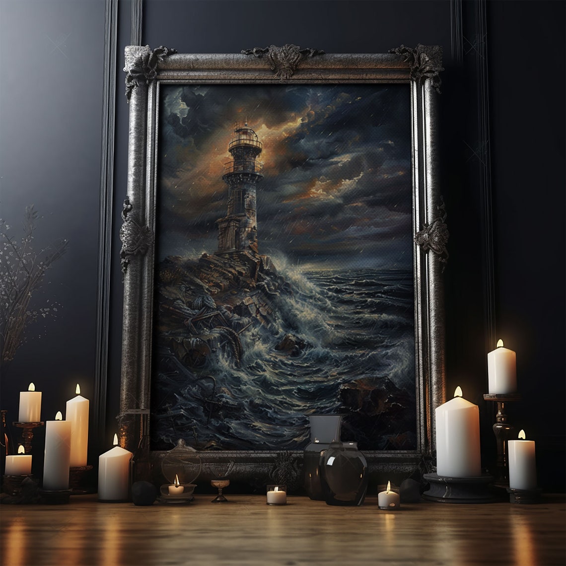 Eerie Lighthouse Castle Stormy Cliff Night Waves Horror Art Poster - Image 5