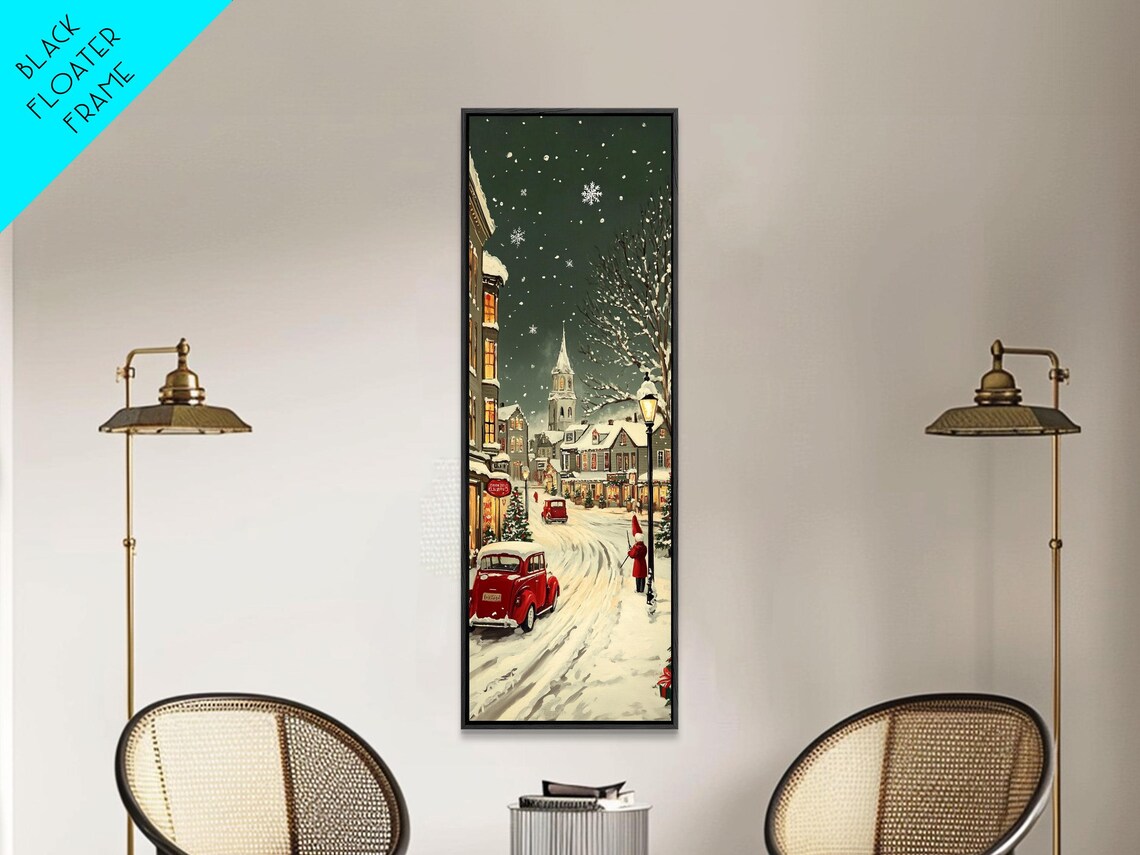 Snowy Village Street At Night With Vintage Red Car Christmas Poster - Image 5