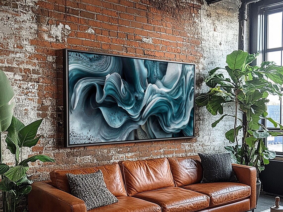 Blue Textured Ocean Wave Abstract Fluid Sage Coastal Bedroom Wall Art Print