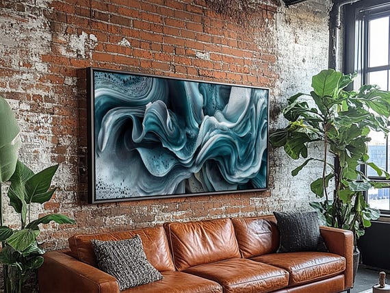 Blue Textured Wave Art Framed Print Geometric Wall Art Abstract Coastal Art Sage Green Wall Art Bedroom Art Vertical Wall Art