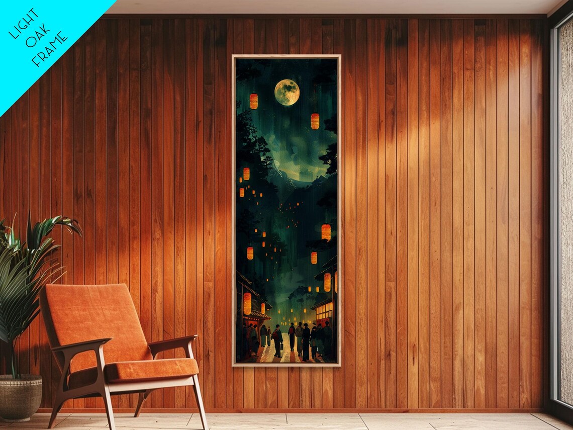 Night Festival Lanterns Street Full Moon Japanese Art Poster