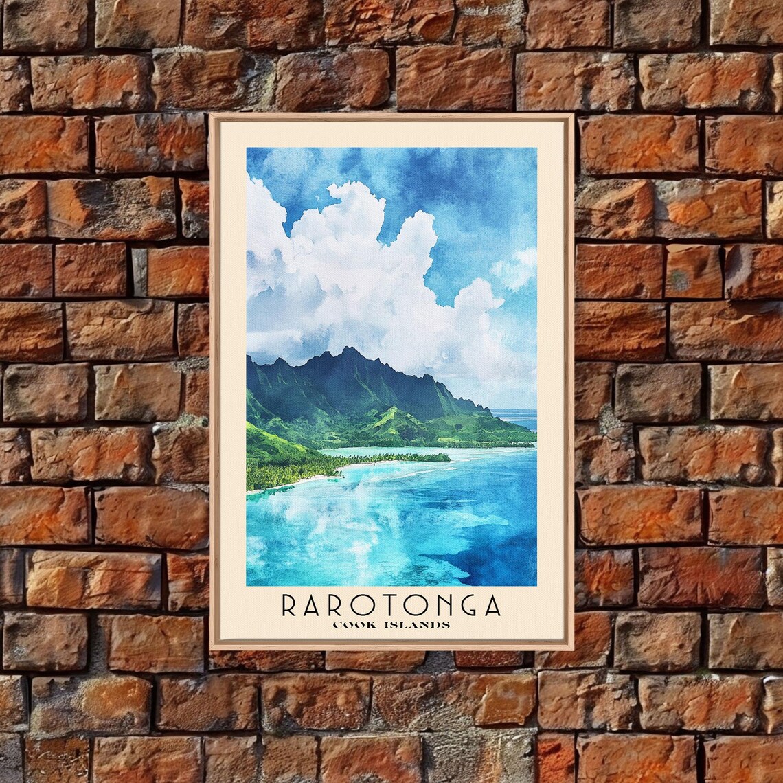 Rarotonga Cook Islands Volcanic Peak Lagoon Watercolor Travel Poster - Image 5