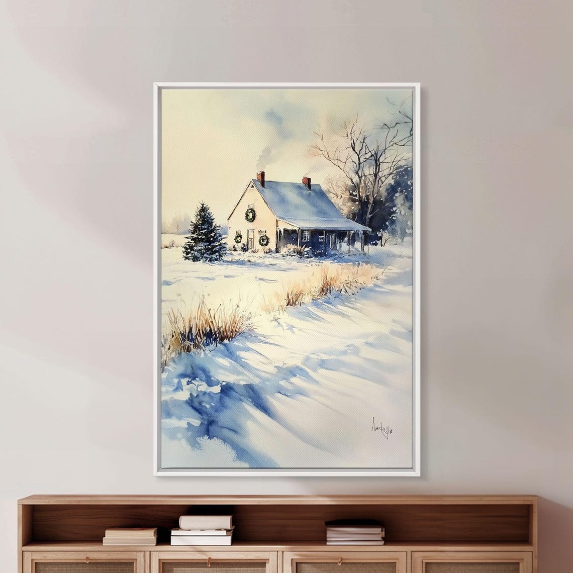 Snowy Farmhouse With Wreaths In Winter Morning Light Landscape Poster