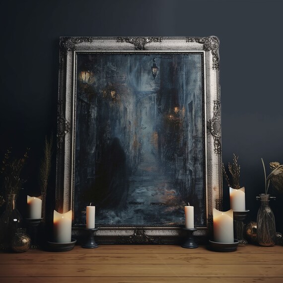 Shadowy Night Alley Lamp Lit Misty Victorian Street Halloween Poster