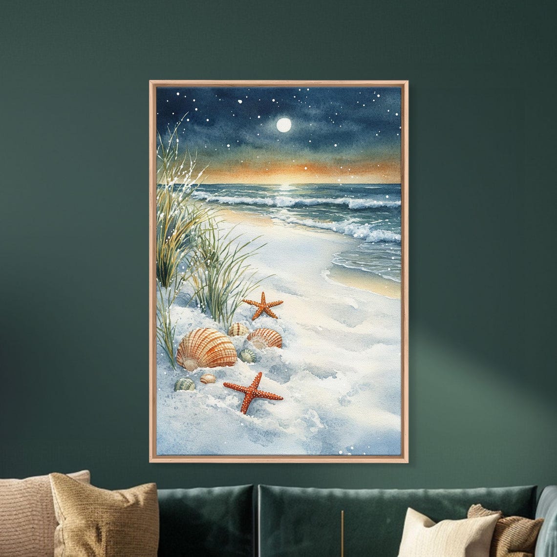 Moonlit Beach At Night With Seashells Starfish And Ocean Waves Poster