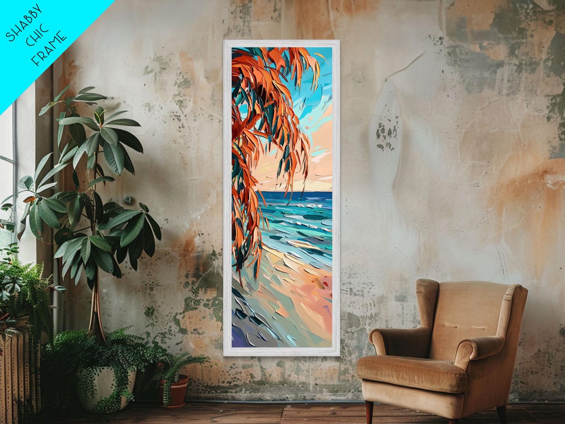 Coastal Palm Fronds Sunset Beach Turquoise Waves Painting Poster - Image 4