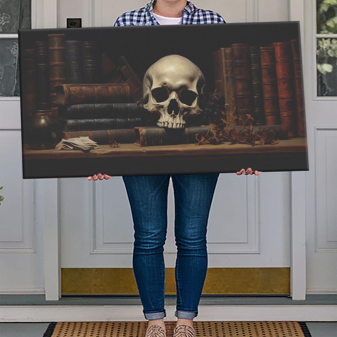 Human Skull On Bookshelf Among Old Books Dark Academia Poster - Image 4